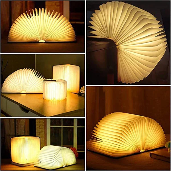 Lampe de livre LED pliable StoryGlow en bois, lumière chaude pour lecture et ambiance intérieure.