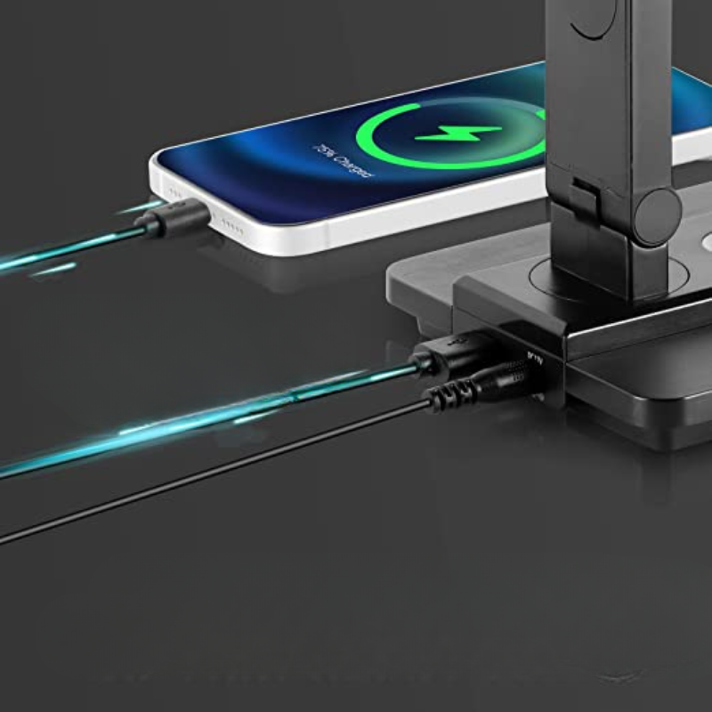 Lampe de table LED multifonction SmartBeam, éclairage ajustable, chargeur sans fil intégré et port USB pour bureau.