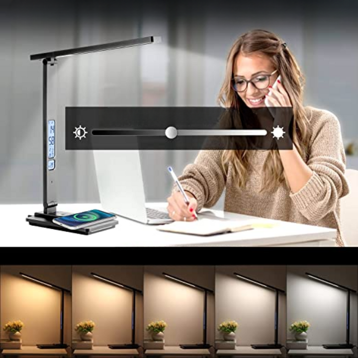 Lampe de bureau LED design moderne, SmartBeam, avec chargeur sans fil rapide et port USB, idéale pour l'organisation.