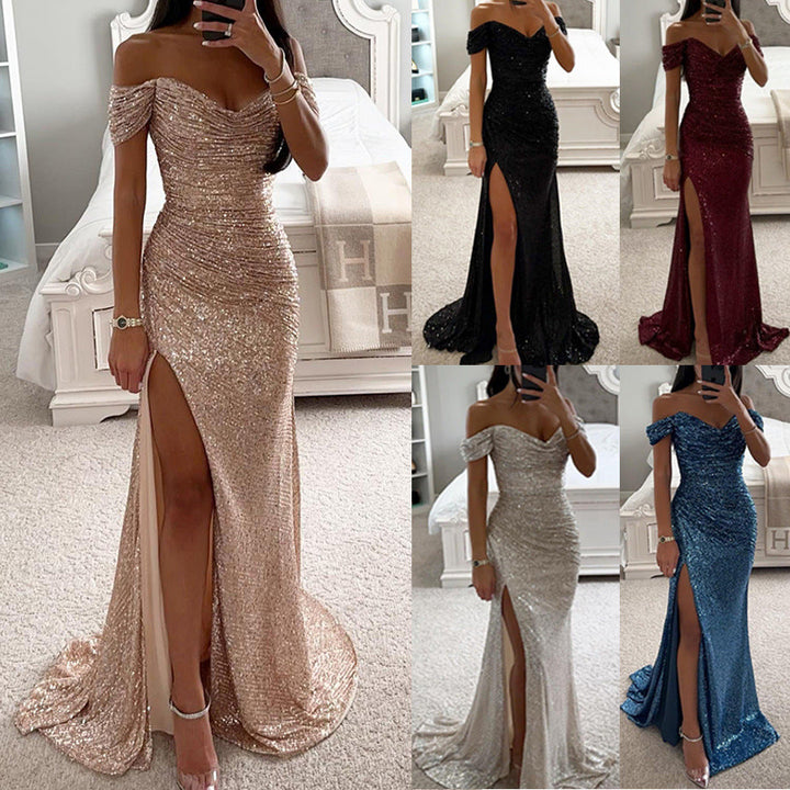 Robe longue brillante femme. Polyvalente pour soirée, cocktail ou cérémonie. Fendue et épaules dénudées.