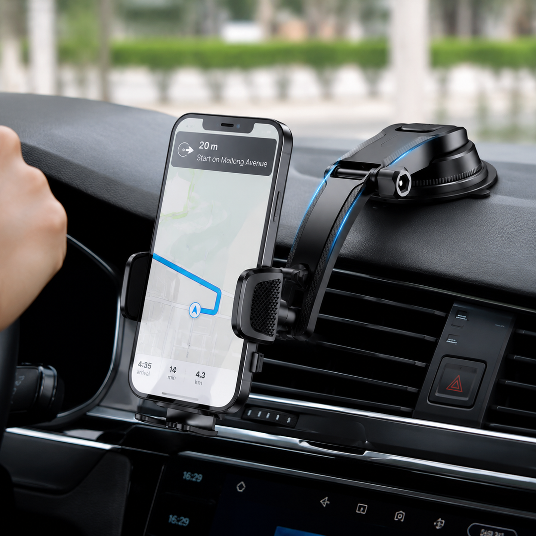 Support téléphone voiture universel et ajustable pour tableau de bord. Sûr et pratique pour tout smartphone.