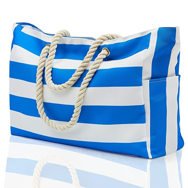 Sac de plage rayé pour femme avec poignées en corde, accessoire essentiel de l'été.