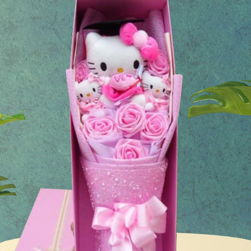Bouquet de fleurs synthétiques colorées avec chatons présenté, prêt à offrir comme cadeau d'anniversaire.
