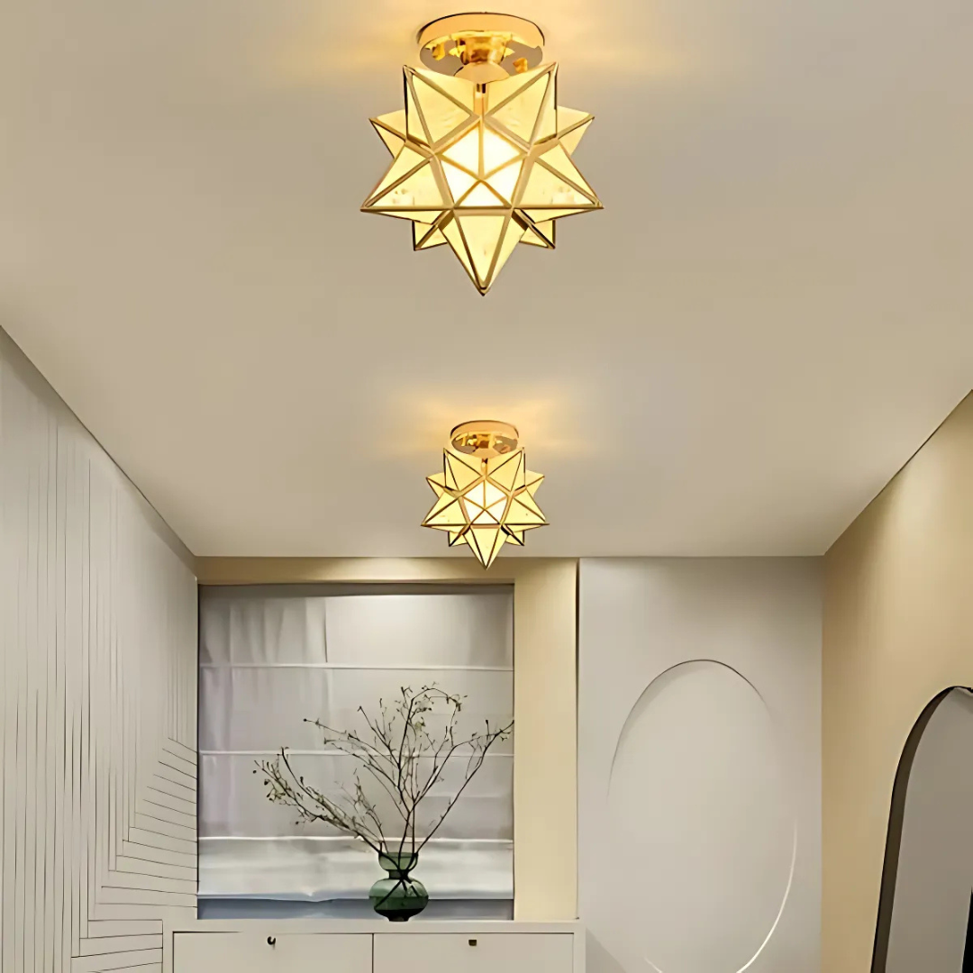 Plafonnier LED moderne étoile géométrique. Éclairage design et doux, parfait pour chambre ou salon contemporain.