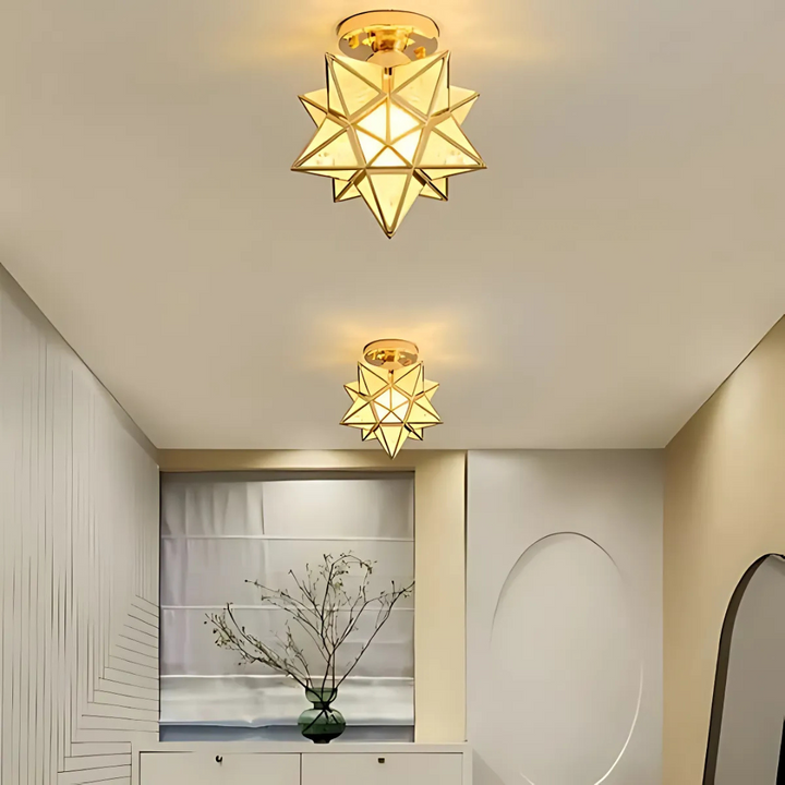 Plafonnier LED moderne étoile géométrique. Éclairage design et doux, parfait pour chambre ou salon contemporain.