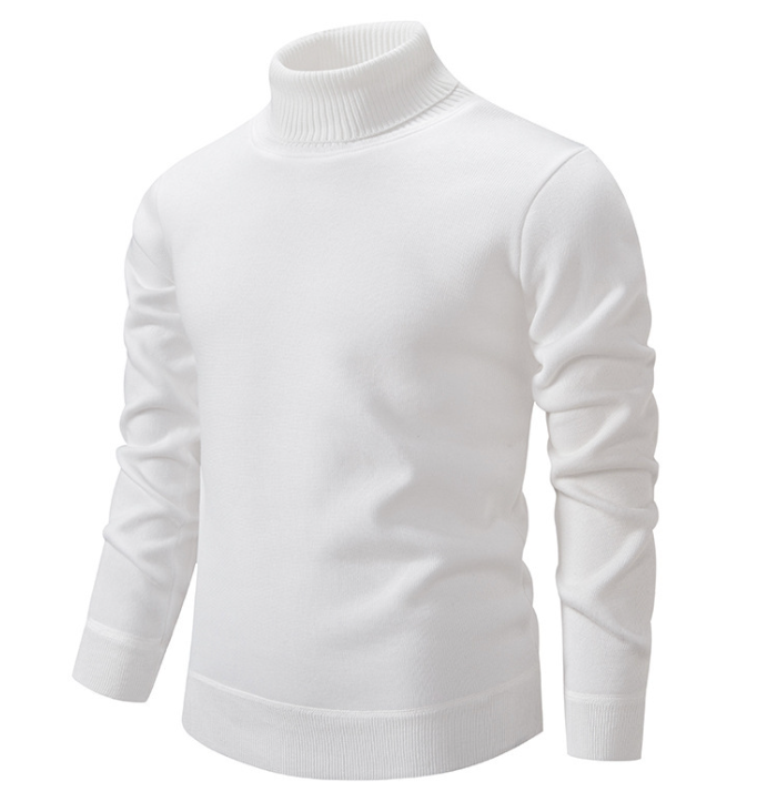 Pull col roulé noir coupe ajustée pour homme, manches longues. Vêtement hivernal élégant, chaud et confortable.