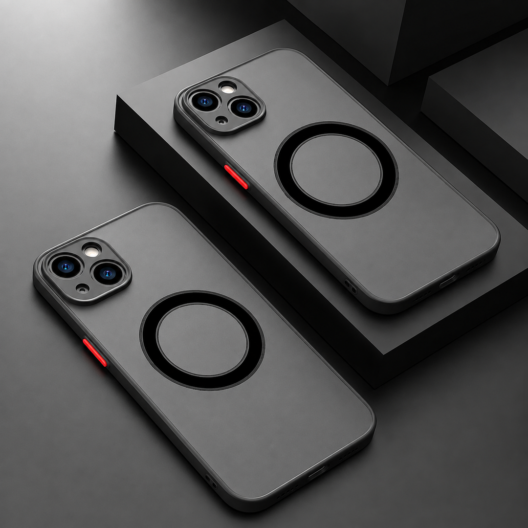 Coque iPhone 13 MagSafe noire. Design robuste en plastique pour une protection élégante et durable.