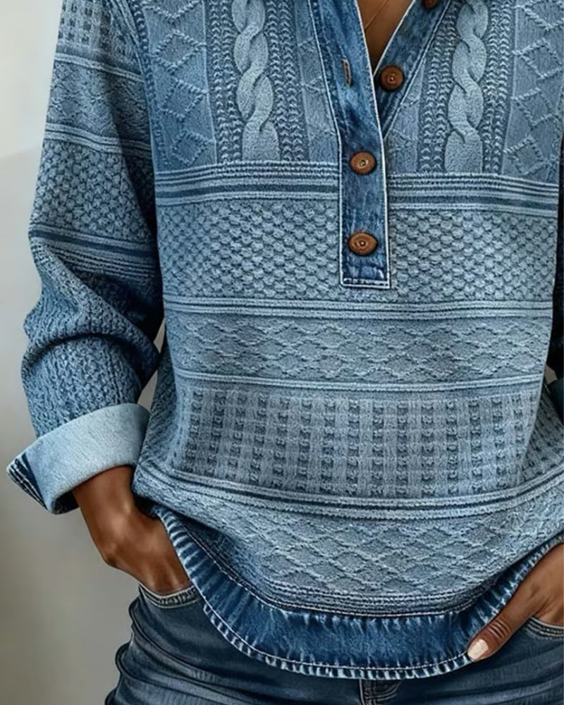 Haut femme manches longues effet denim, col polo, idéal printemps/automne. Style décontracté chic.