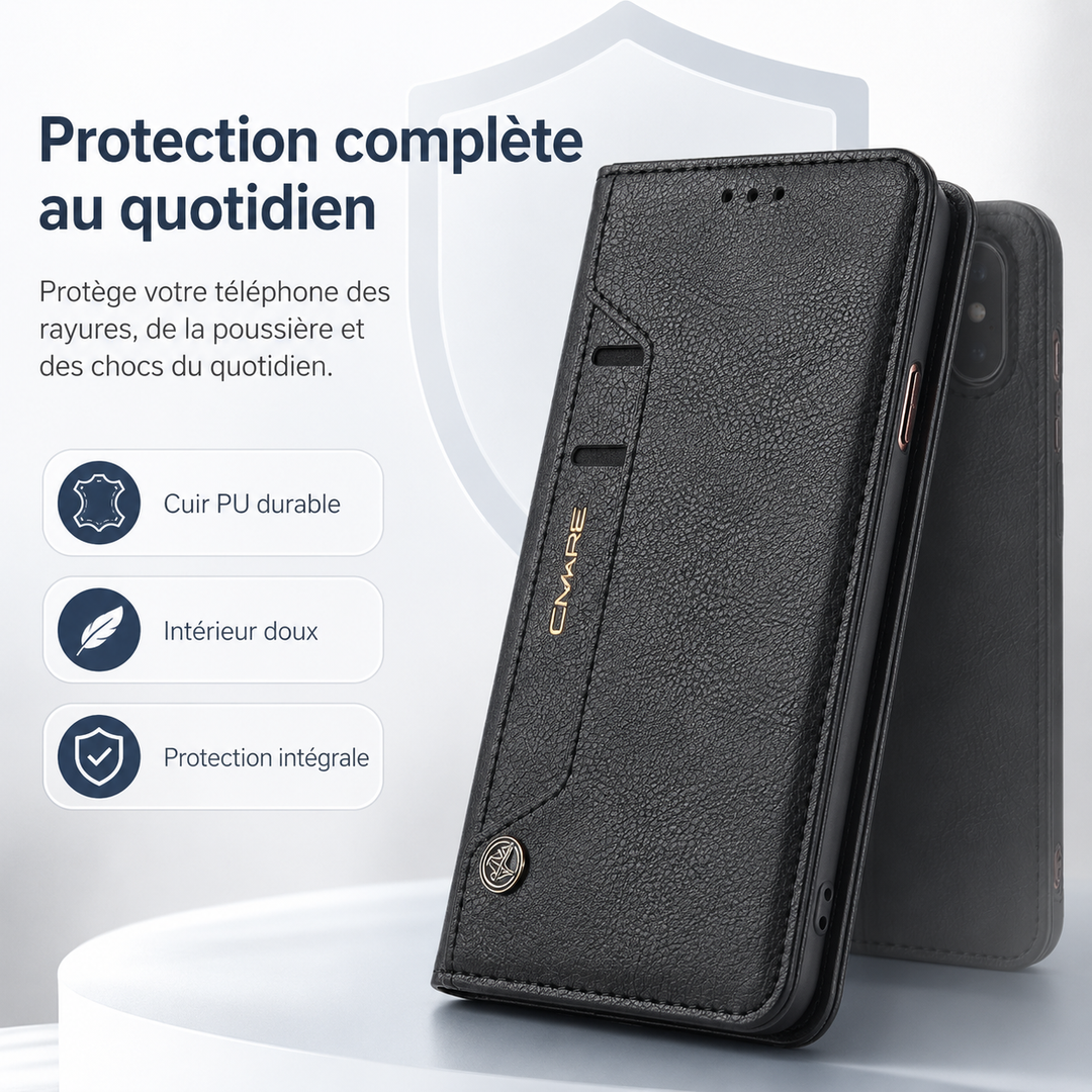 Protection élégante pour iPhone : étui en cuir véritable avec rabat magnétique.
