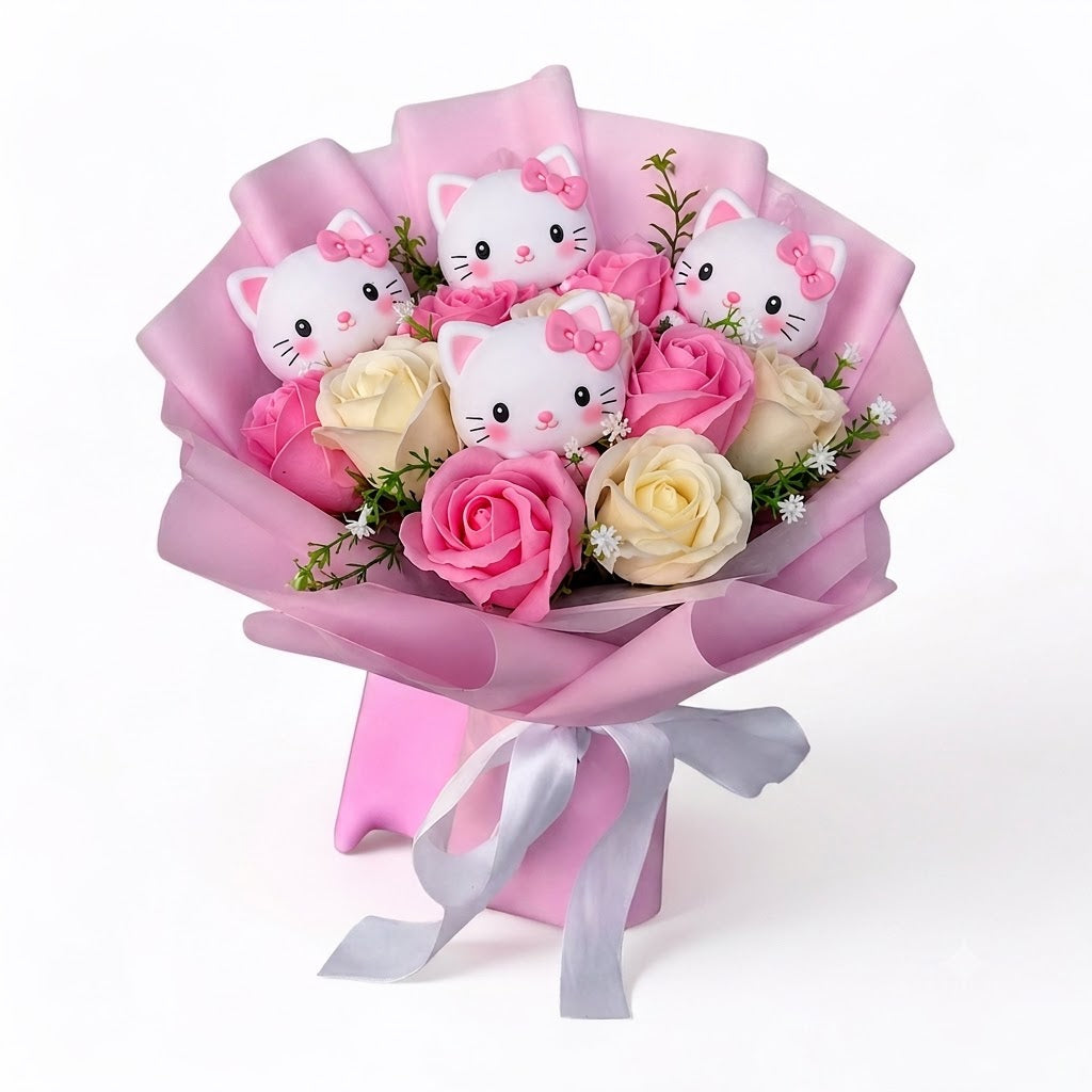 Bouquet de fleurs synthétiques colorées avec figurines de chaton, idéal cadeau d'anniversaire fantaisie.