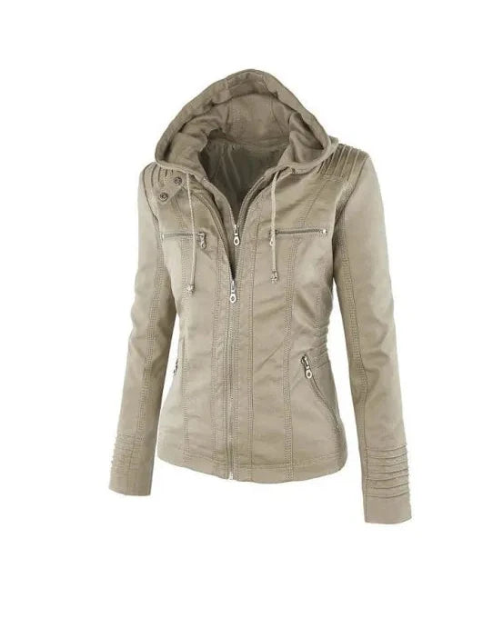 Veste femme automne cintrée, style urbain. Capuche amovible, parfaite pour un look polyvalent et élégant.