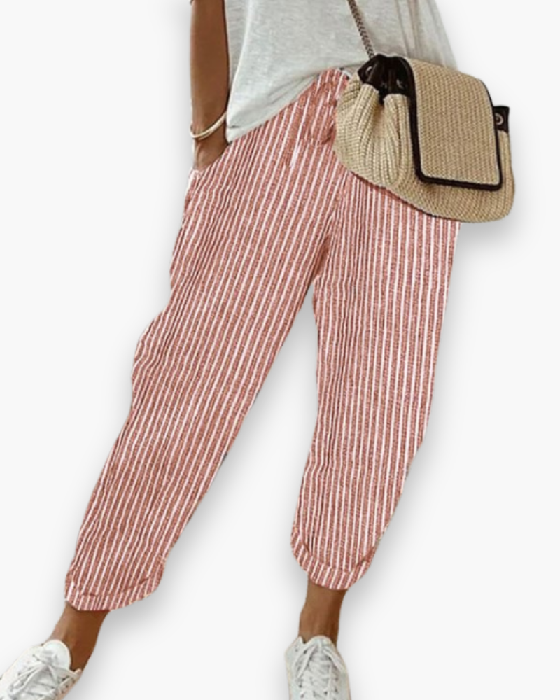 Pantalon femme fluide et ample, tombé élégant. Confortable avec taille élastique, style décontracté mode.