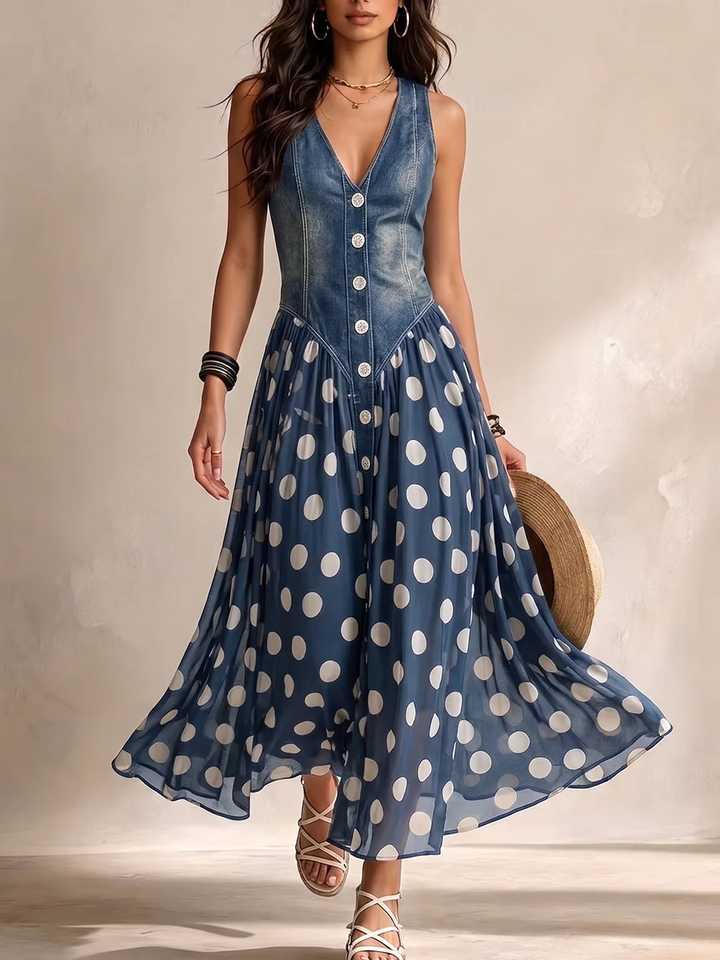 Robe longue femme élégante, buste effet jean, jupe fluide blanche à pois. Tenue estivale tendance.