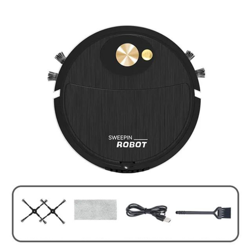 Détail de l'aspirateur robot SmartClean 3-en-1, montrant ses brosses latérales et sa base de chargement.