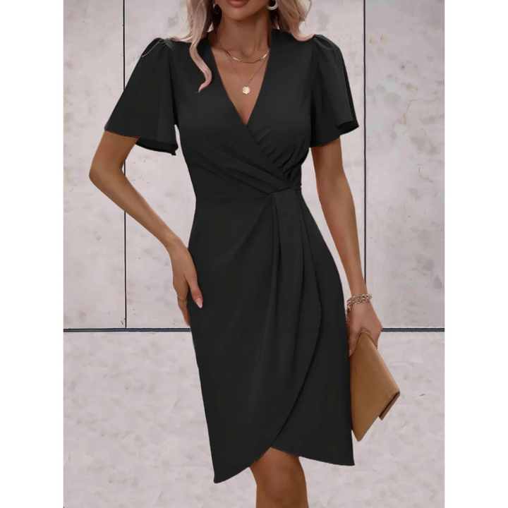 Vêtement femme: Robe portefeuille midi élégante, idéale pour les soirées chics et cérémonies formelles.
