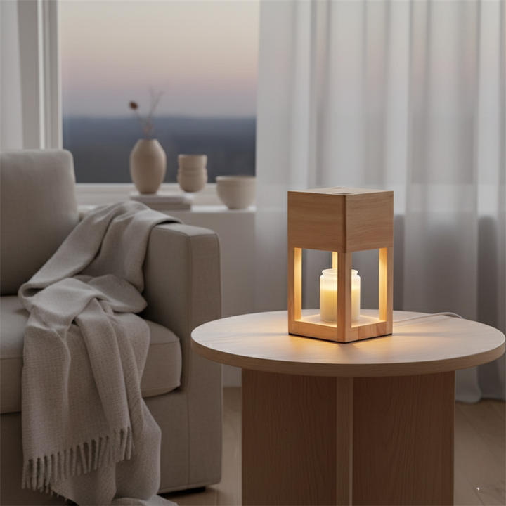 Élégante lampe d'ambiance design scandinave, réchauffe-bougie et éclairage décoratif.