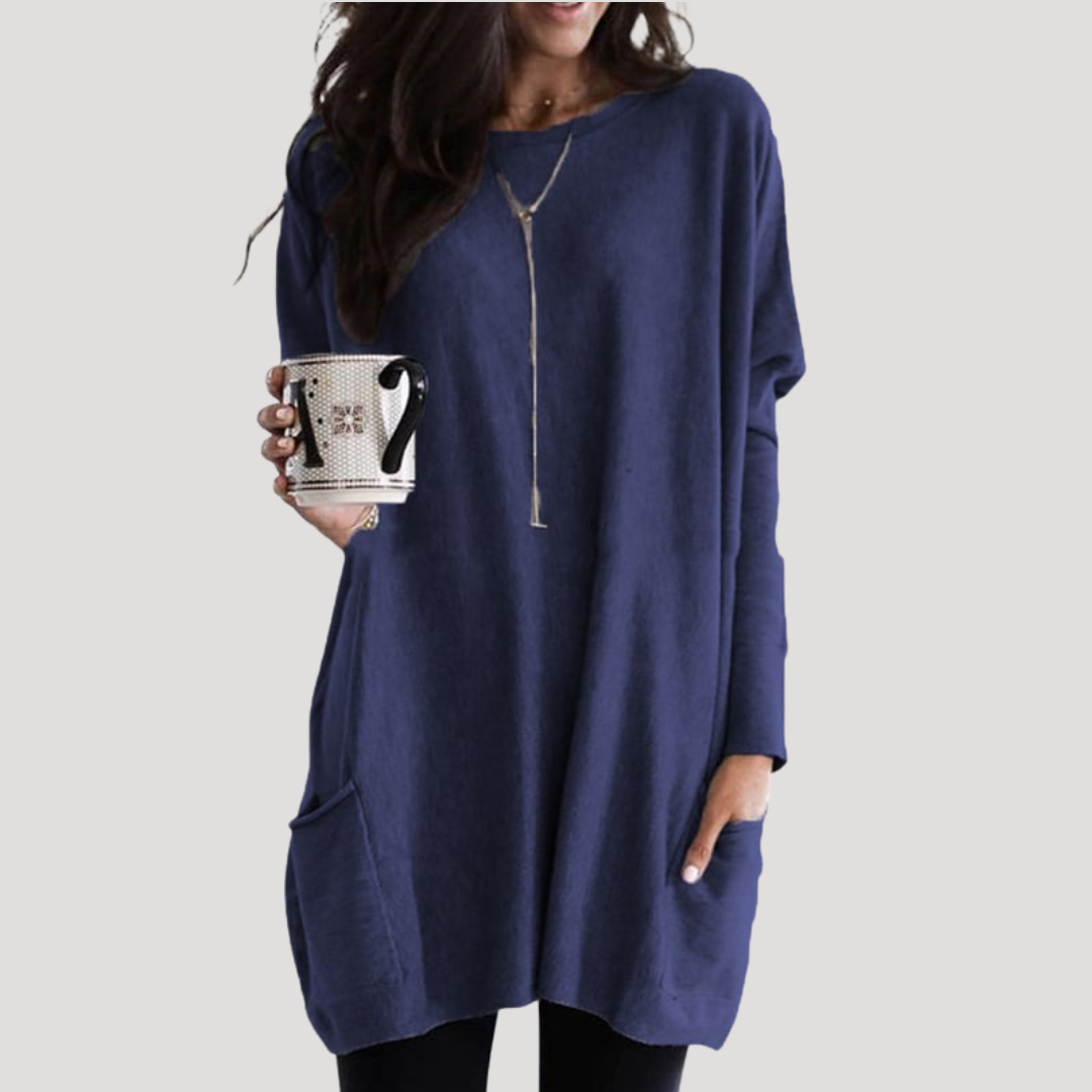 Chandail long femme décontracté, motif géométrique abstrait, parfait pour un look casual chic et tendance.