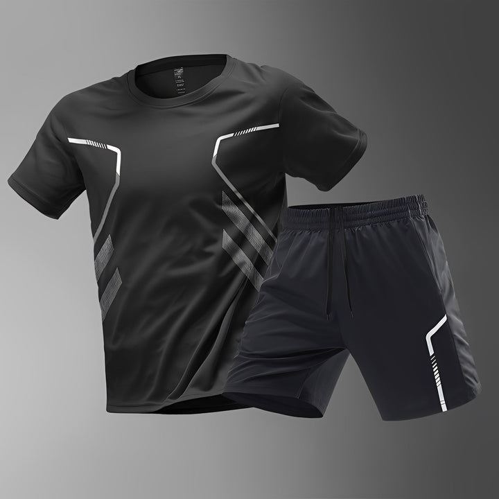 Détail du short et du t-shirt de l'ensemble de sport homme. Matière légère, respirante et à séchage rapide pour un confort maximal.