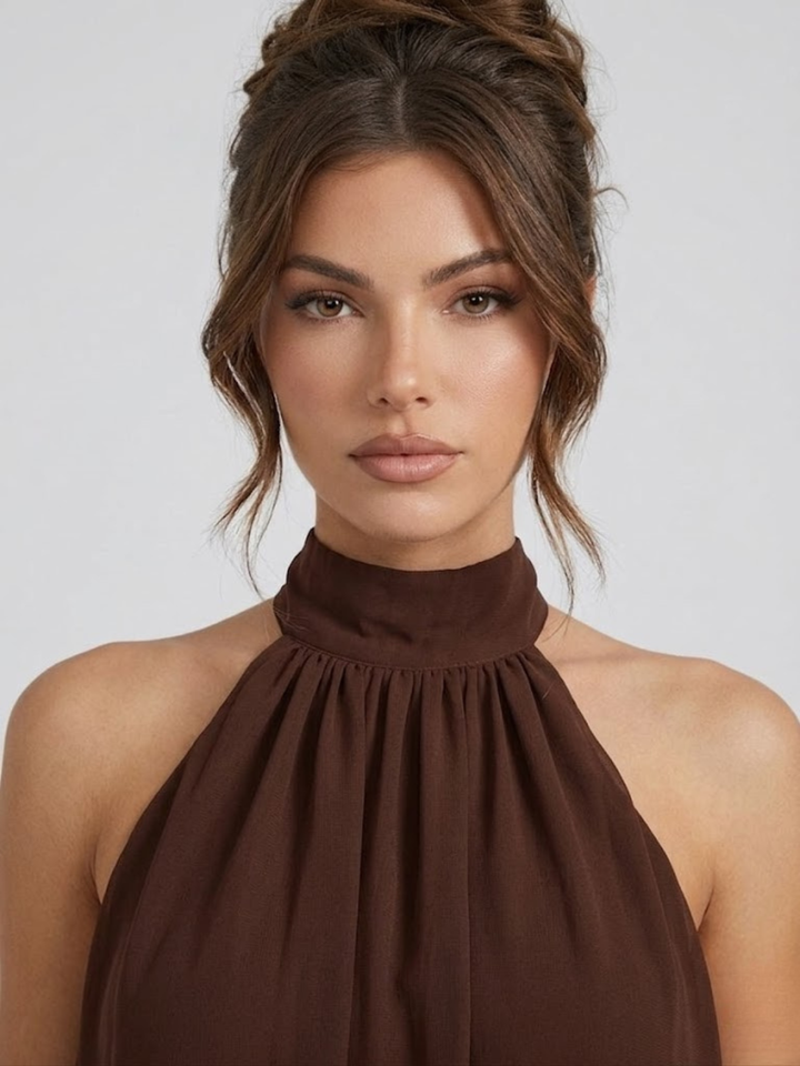 Mini robe estivale femme, dos nu, col halter, détails volantés, mode chic. Parfaite pour l'été.