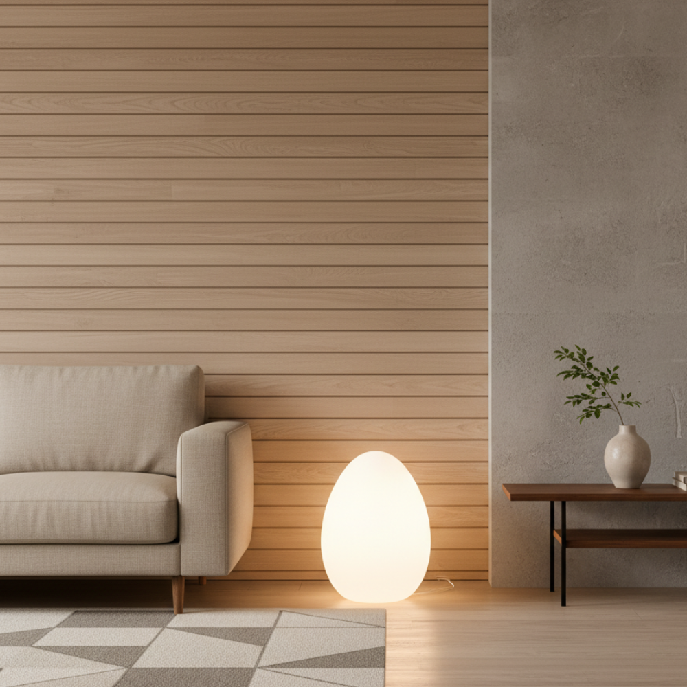 Luminaire sculptural SolStone en forme d'œuf, lumière d'ambiance LED, idéal chambre ou salon design.