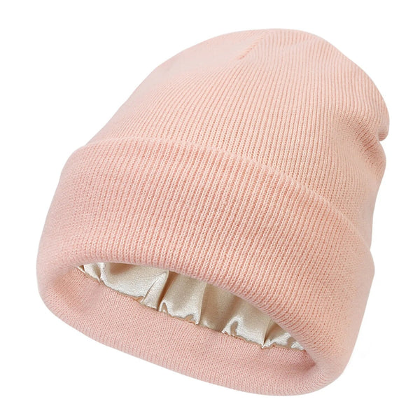 Bonnet chaud et stylé pour femme, doublure en pure soie contre l'électricité statique des cheveux.
