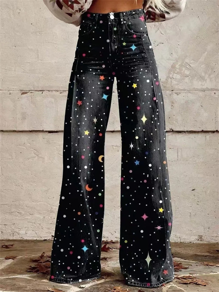 Pantalon large fluide taille haute pour femme, motif étoiles. Confortable et élégant, idéal mode chic décontractée.