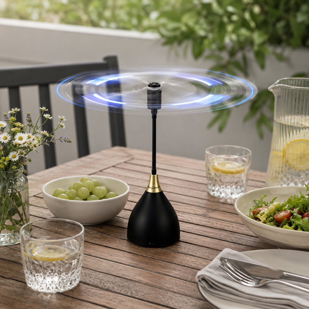 Ventilateur répulsif mouches noir, compact, compatible USB/piles, essentiel pour repas sans insectes sur table.
