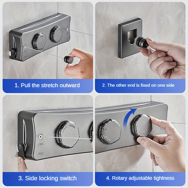 Étendoir rétractable double fermé, compact et discret sur le mur, rangement facile.