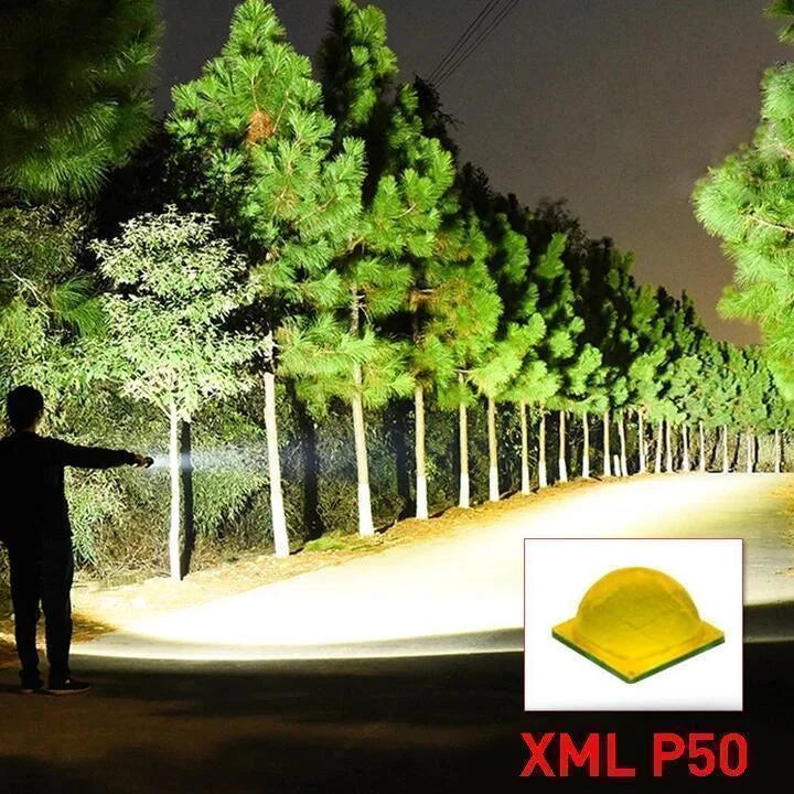 Torche LED rechargeable USB, étanche IPX6. Lumière intense pour activités de plein air, tactique.