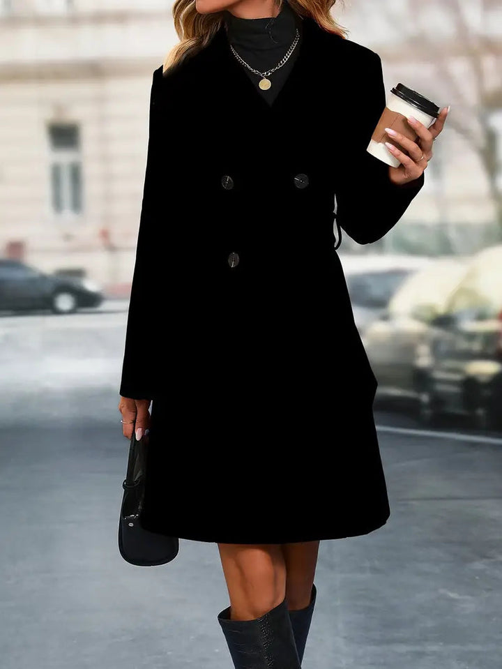 Profil d'un trench-coat femme beige, double boutonnage, veste longue, élégant pour la mode hivernale.