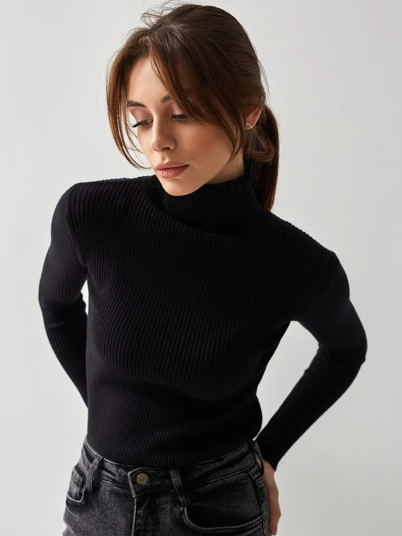 Pull chic femme à col roulé, couleur unie, vêtement intemporel pour un style mode féminine.