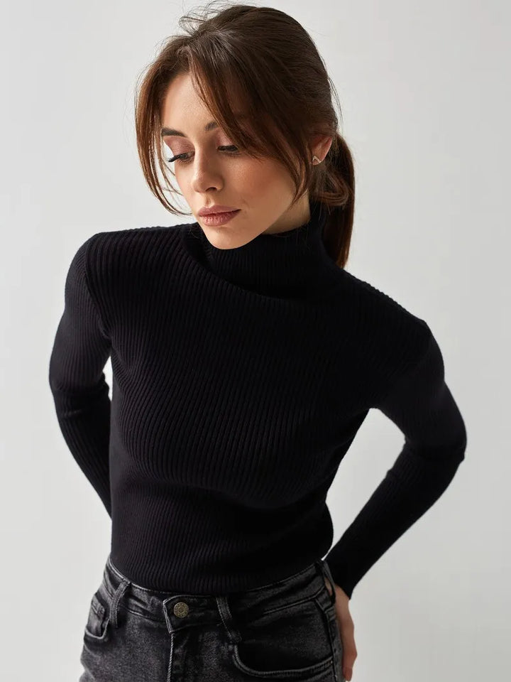 Pull chic femme à col roulé, couleur unie, vêtement intemporel pour un style mode féminine.