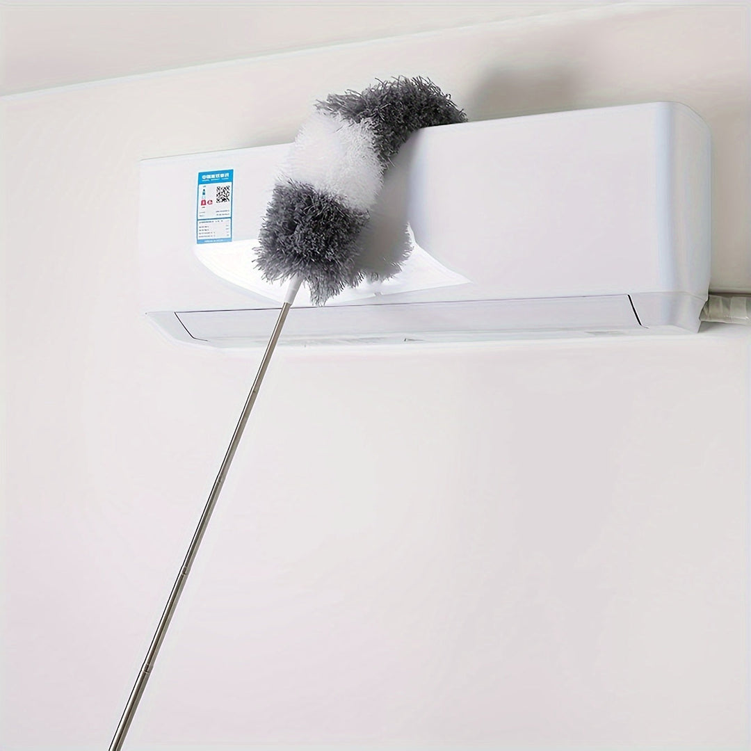 Nettoyez facilement avec ce plumeau télescopique microfibre lavable, idéal pour les surfaces hautes et la poussière.