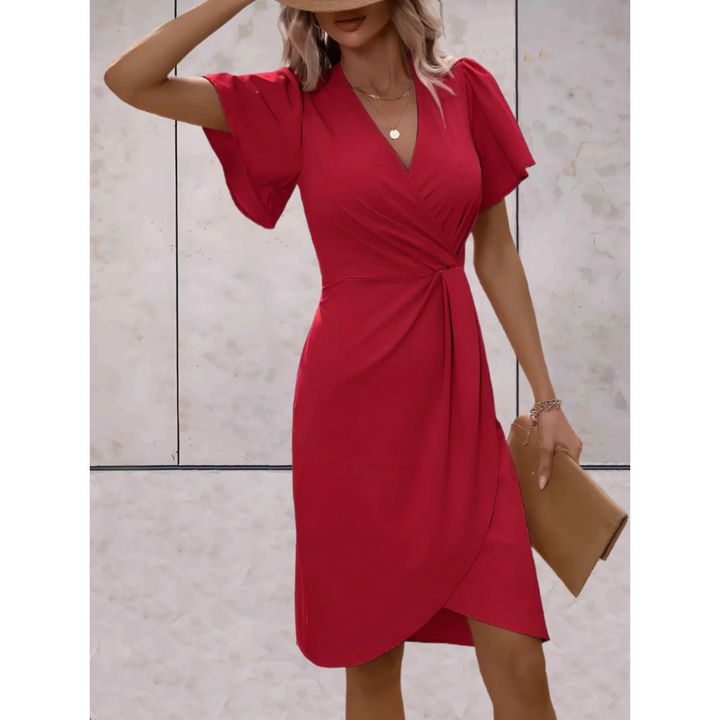 Élégante robe portefeuille femme avec col V, manches longues et coupe midi, parfaite pour soirée.