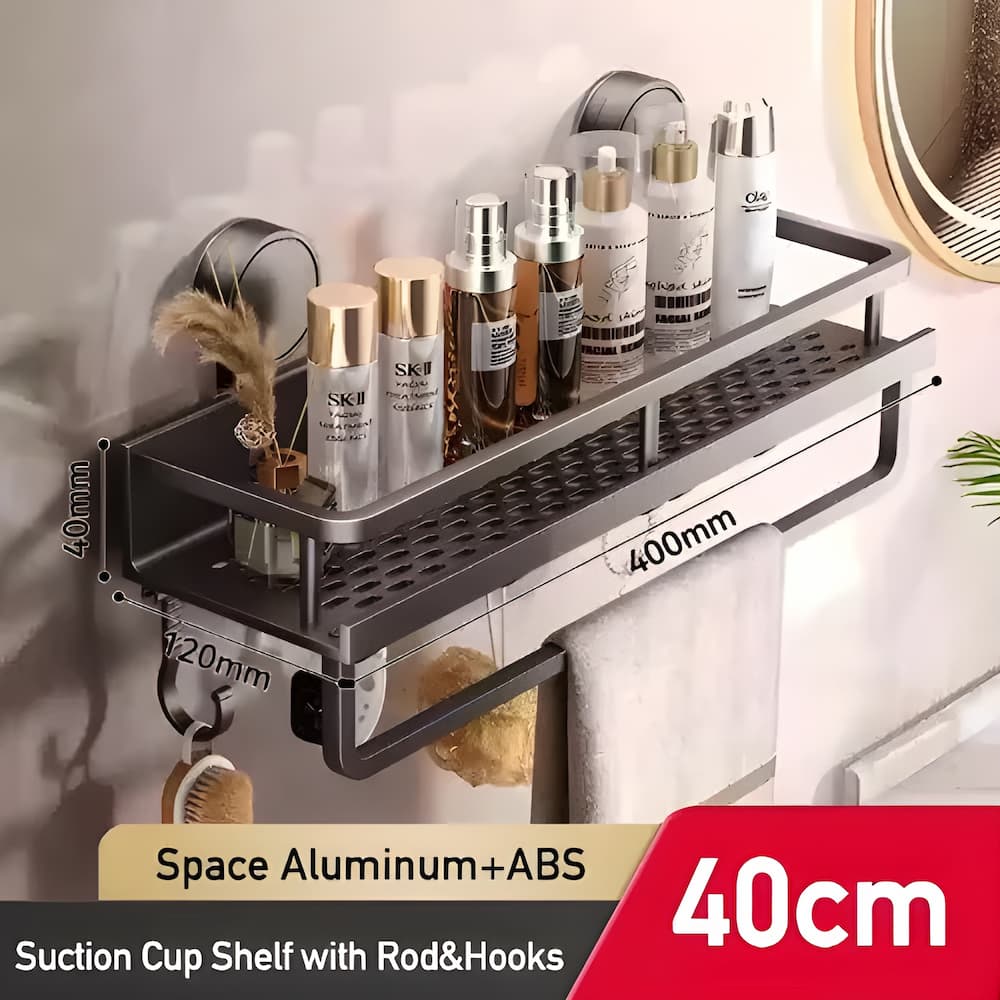 Organisateur de douche Shelfy avec espace pour shampoing, après-shampoing et loofah, tout est à portée de main.