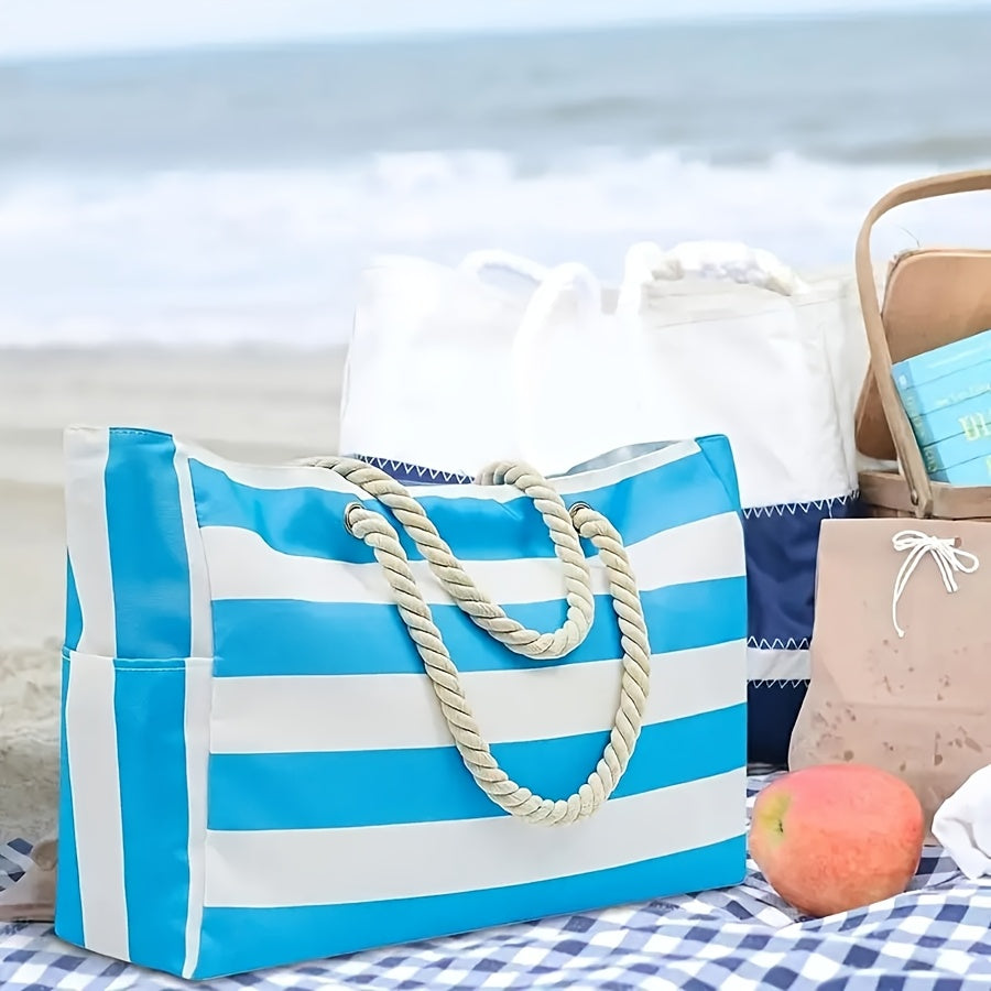 Grand sac d'été rayé, idéal comme sac de voyage ou pour une journée à la plage.