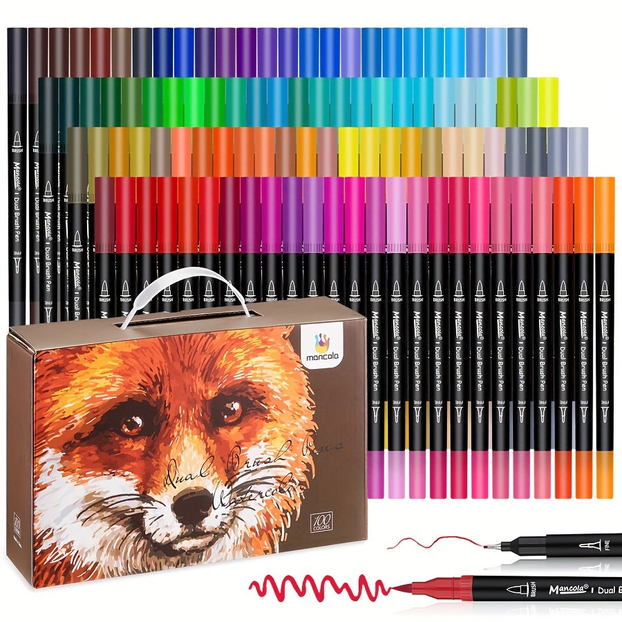 Set de 100 marqueurs double pointe pour artistes: fineliner et pinceau. Idéal dessin, coloriage et art créatif.