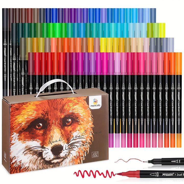 Set de 100 marqueurs double pointe pour artistes: fineliner et pinceau. Idéal dessin, coloriage et art créatif.