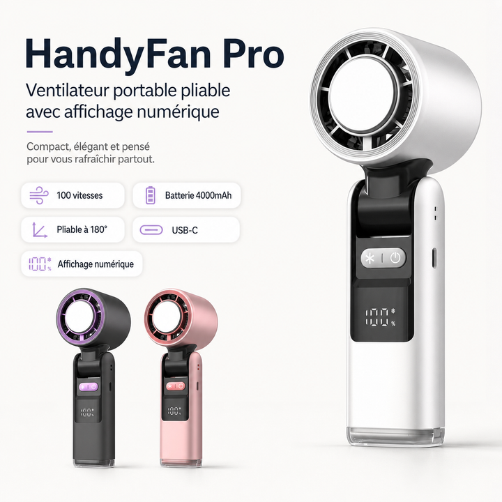 Profitez de la fraîcheur partout avec ce ventilateur pliable. Recharge USB, design moderne.