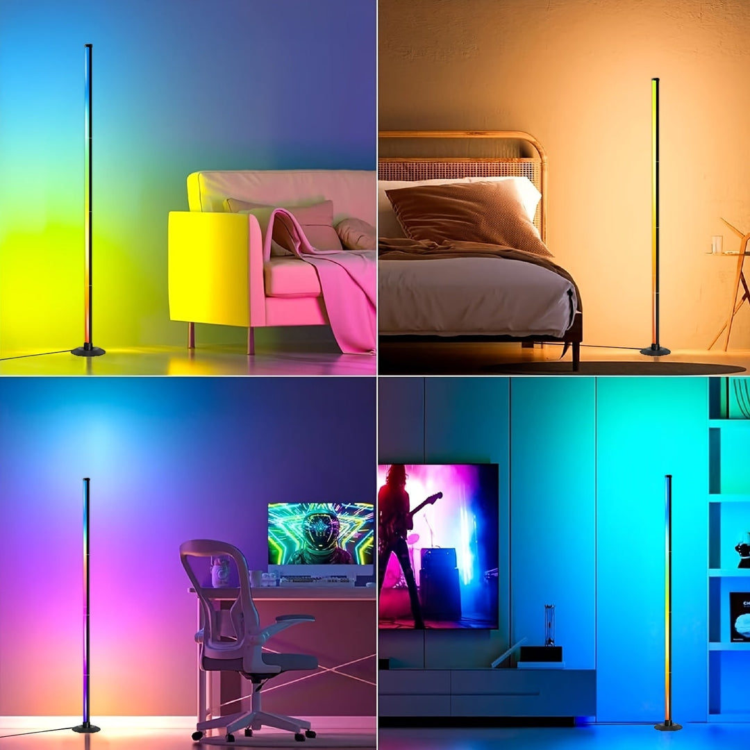Lampadaire LED RGBIC connecté noir 140 cm. Éclairage intelligent et personnalisable via smartphone pour tout intérieur.