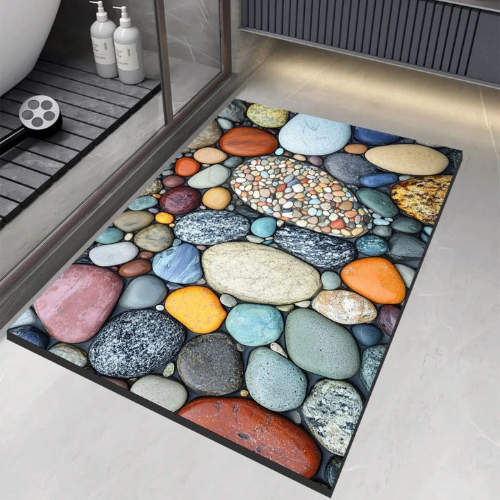 Vue de près du tapis de bain en terre de diatomée, montrant sa texture absorbante et moderne.