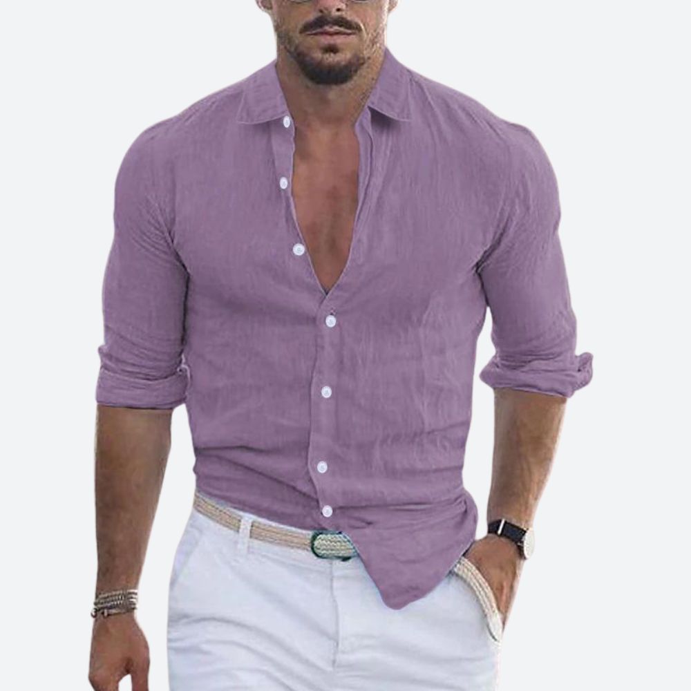 Chemise homme décontractée, col rabattu, élégante, confortable, pour un style estival et casual chic.