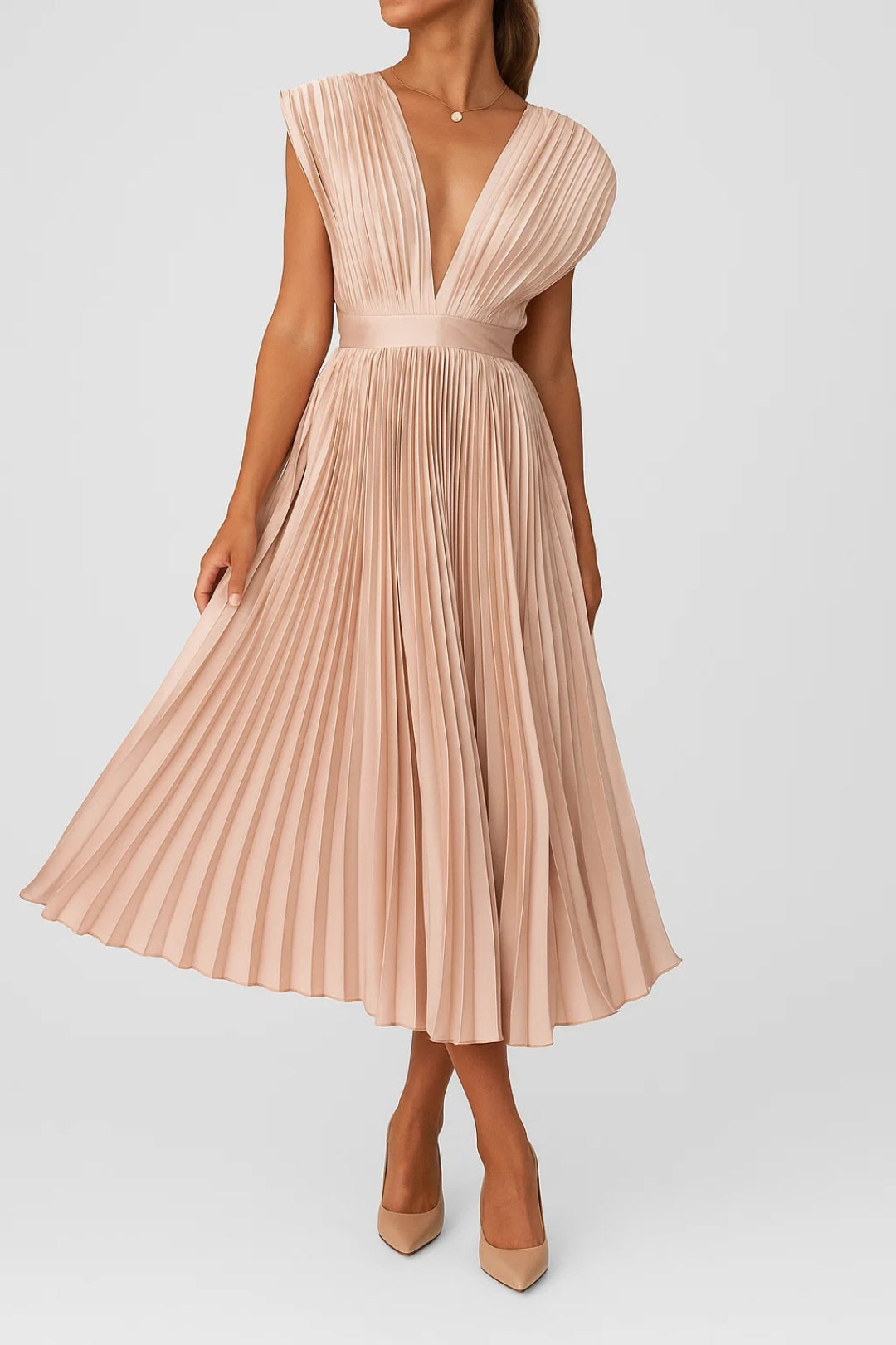 Robe midi plissée élégante pour femme, décolleté en V, taille cintrée, idéale soirée ou événement.