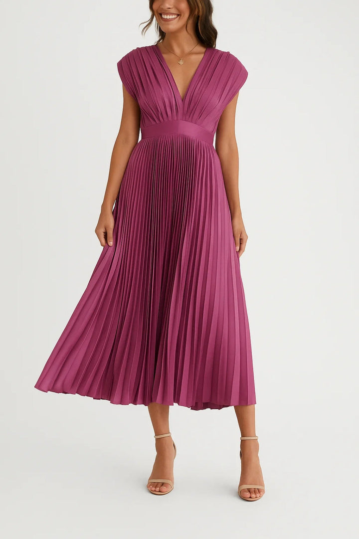 Élégante robe midi plissée pour femme, décolleté V, taille cintrée, idéale pour événements ou soirée.