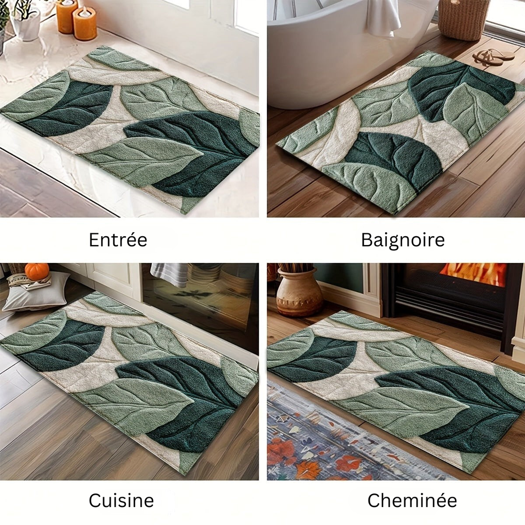 Tapis de bain moelleux et antidérapant avec design de feuilles de la jungle. Apporte du confort et style.