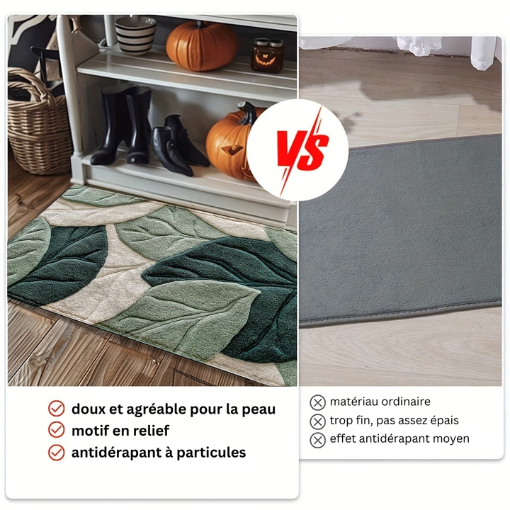 Tapis de bain en microfibre, aspect ultra doux et toucher agréable. Motif feuilles vertes pour une touche nature.