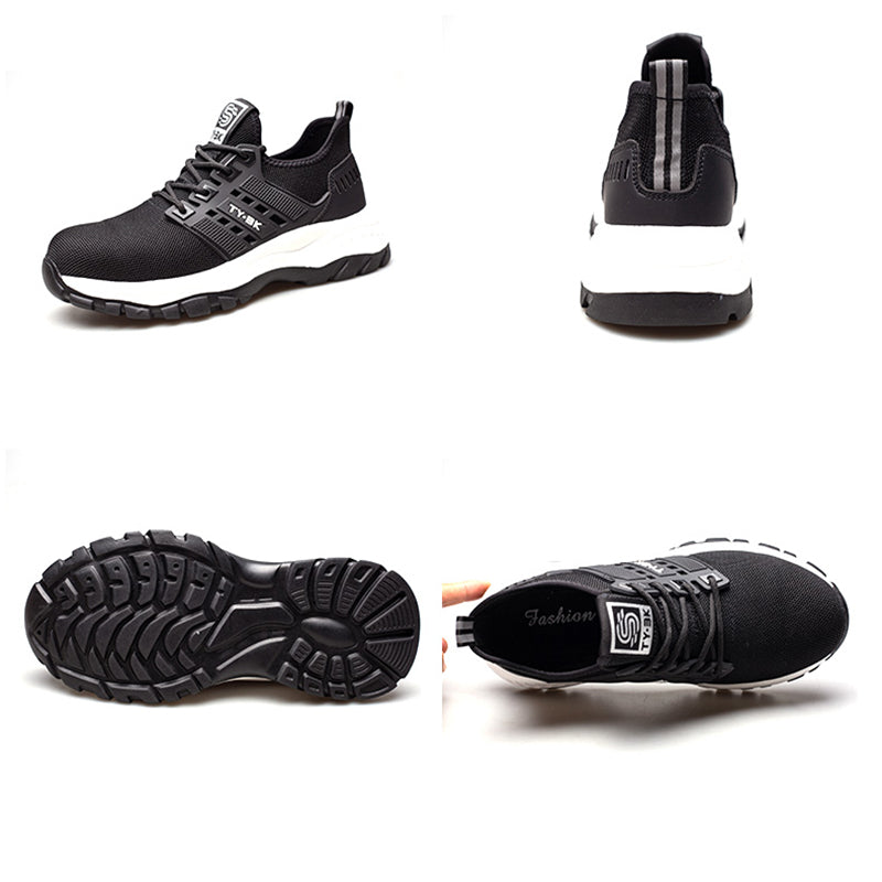 Chaussures de protection noires pour hommes, idéales pour le travail, alliant confort ergonomique et sécurité.