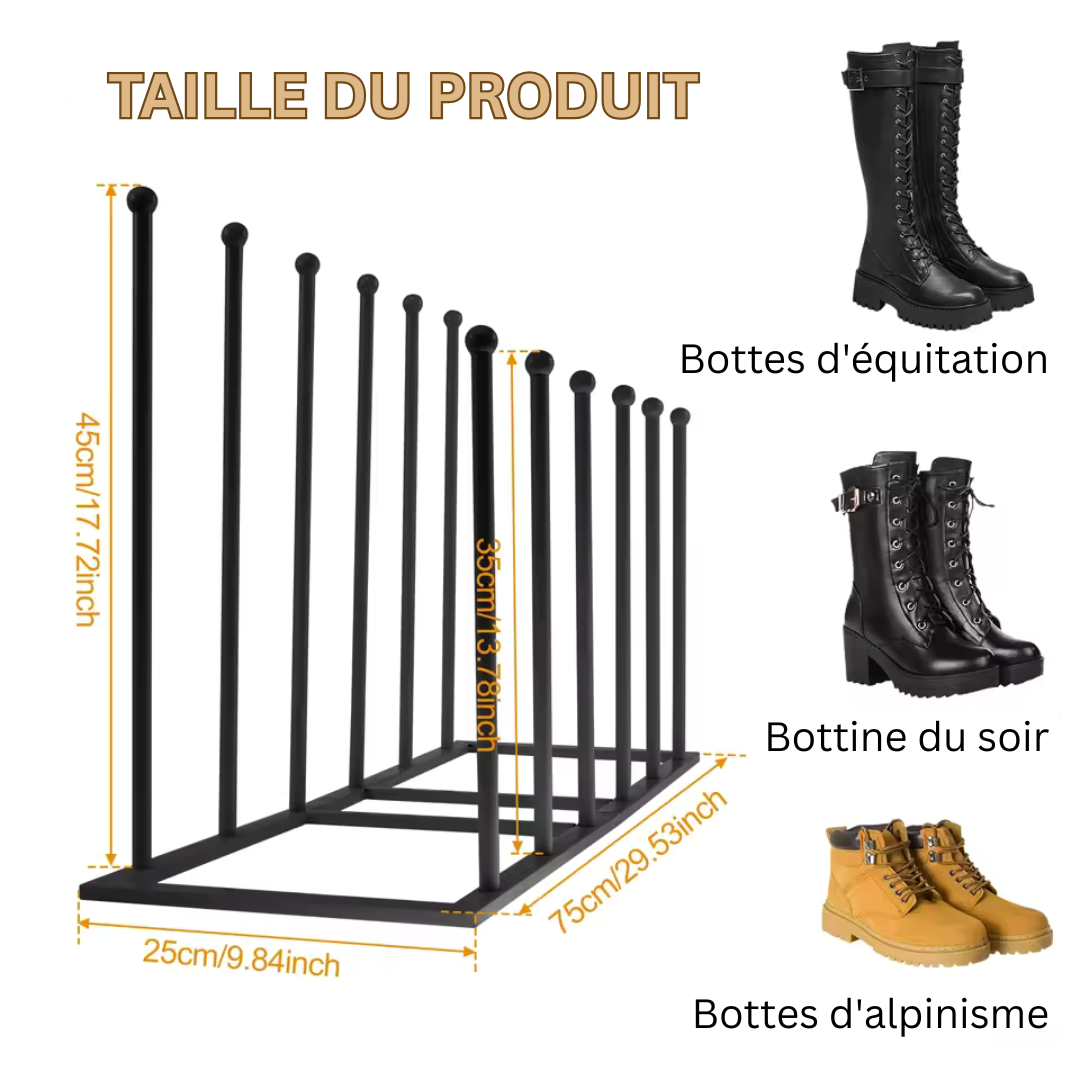 Solution de rangement chic pour 6 paires de bottes. Porte chaussures en métal noir, organise votre entrée avec style.