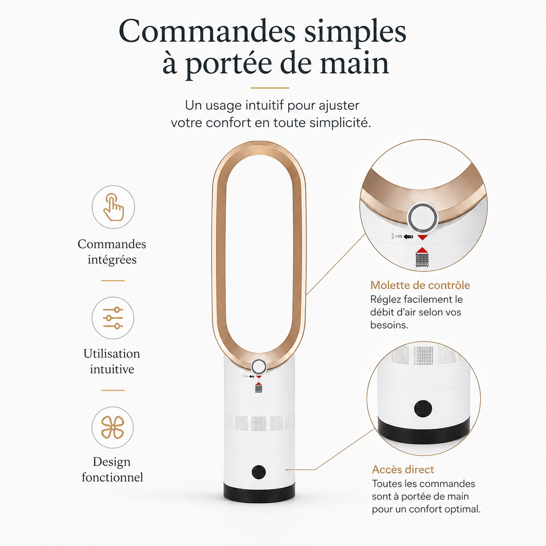 Élégant ventilateur colonne LED blanc, chauffant et rafraîchissant, idéal pour toute pièce de vie.