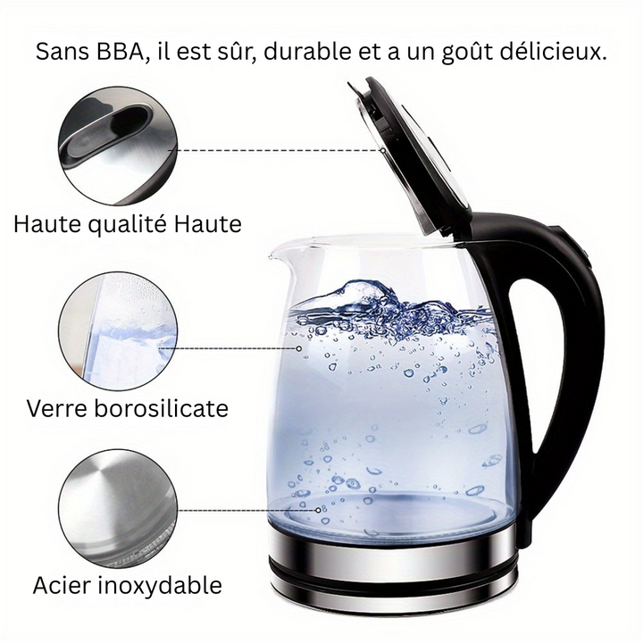 Bouilloire en verre AquaElegance illuminée par LED bleue, ébullition de 2L d'eau pour cuisine élégante.